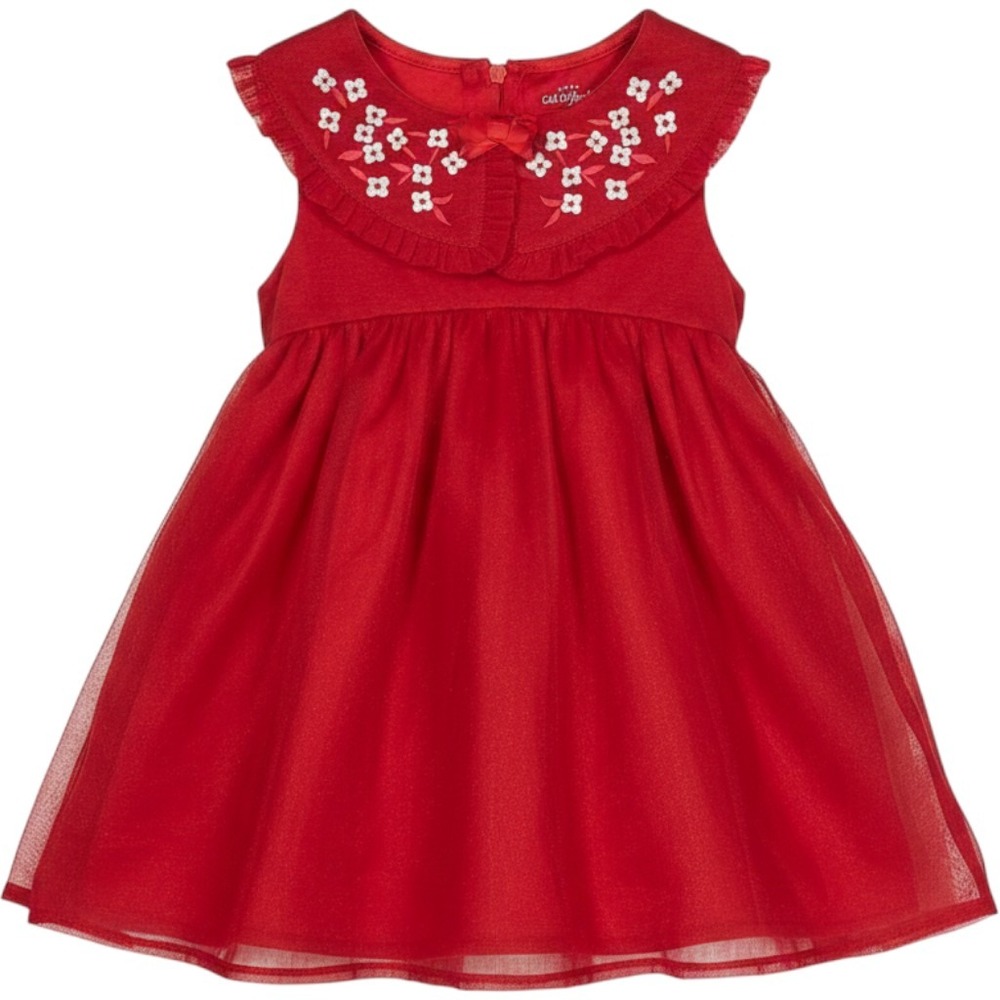 Cat & Jack Baby Girl Red Tulle Dress Floral Embroidered Peter Pan‎ Collar 18M